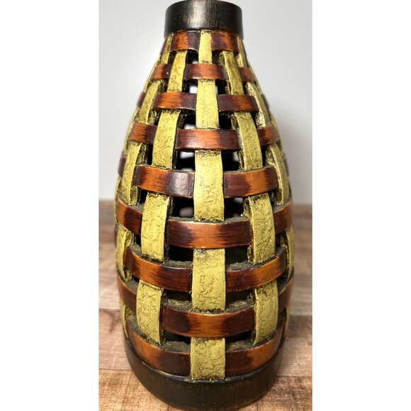 Woven Basket-Style Decorative Vase In Brown & Olive Green - Picture 2 of 7